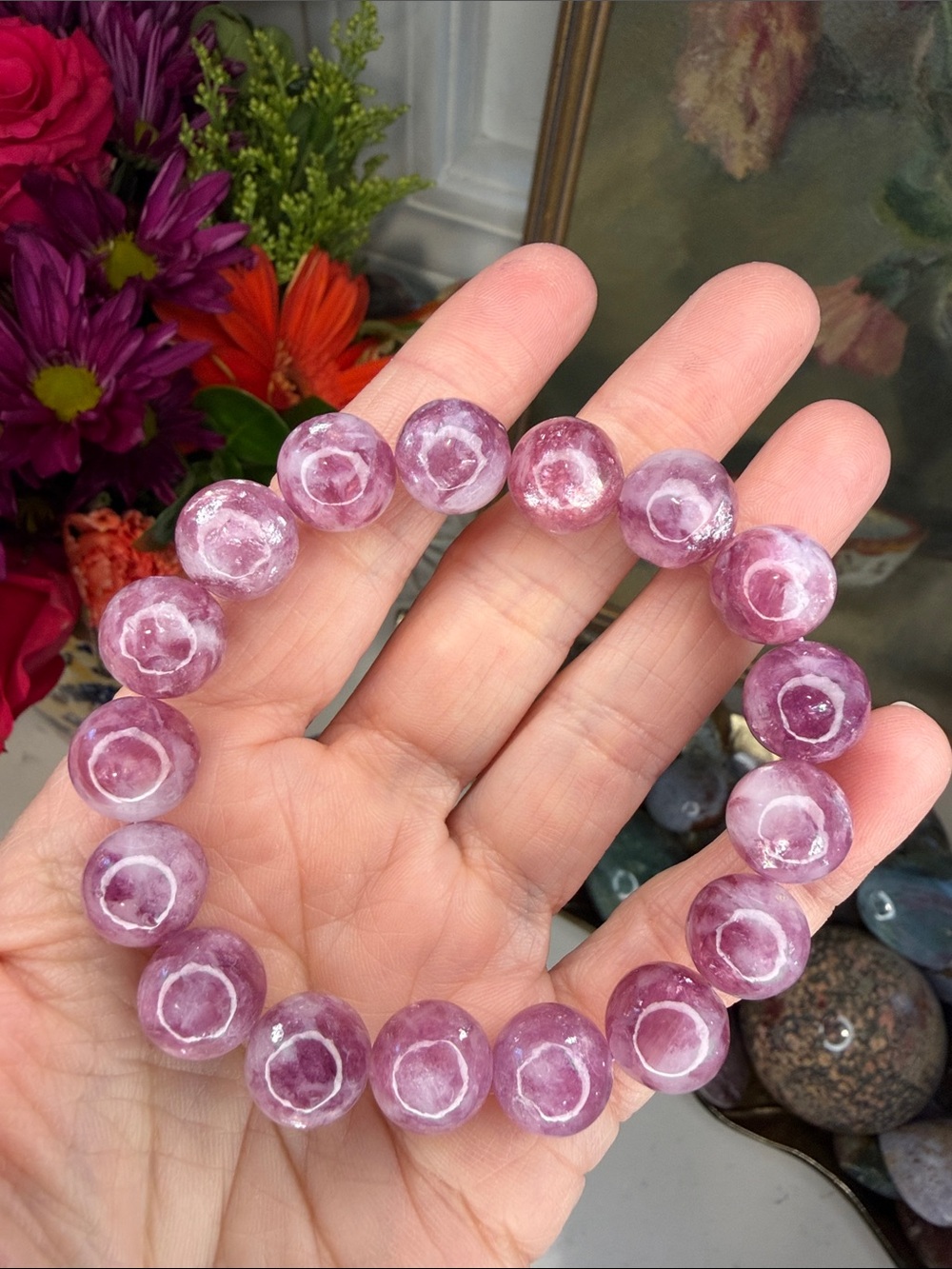 Pink Lithium Mica Natural Stone Bracelet • 12mm • 6.75” • B1352